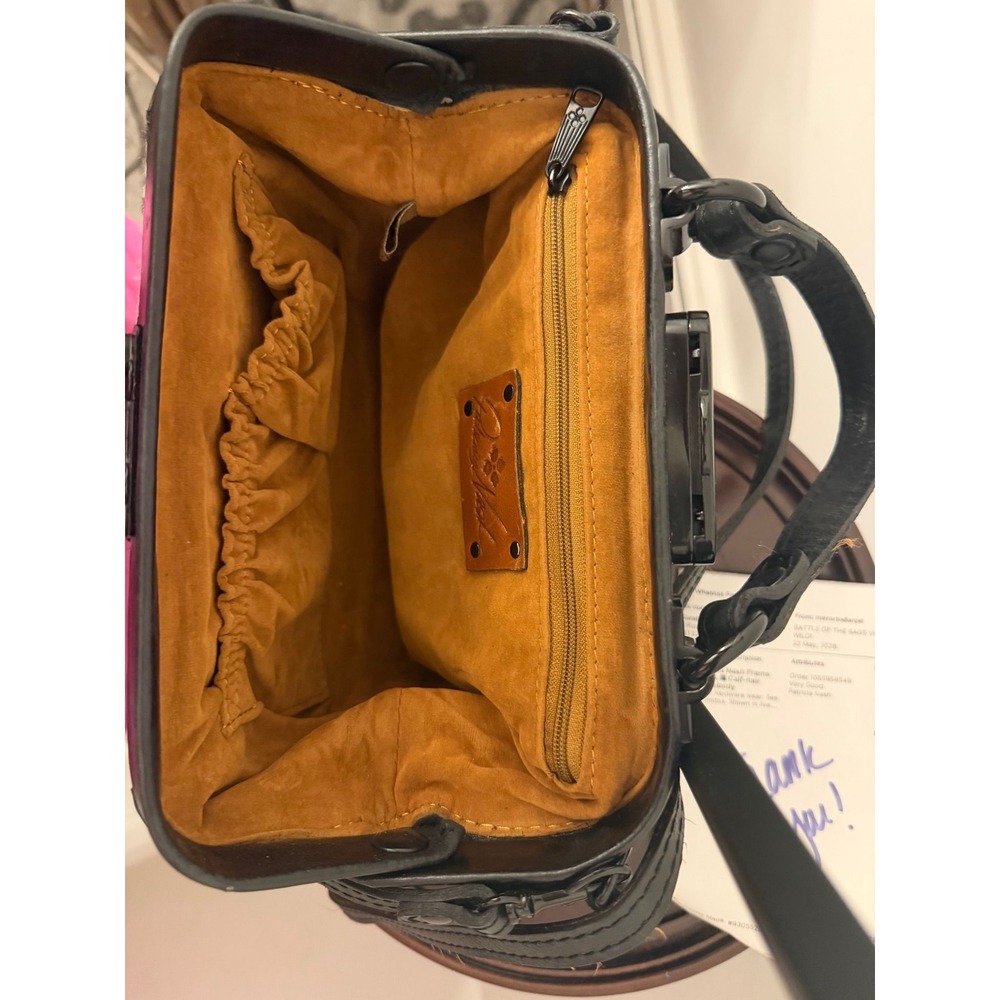 1 Patricia Nash Zebra-print Haircalf and Black Leather Frame Satchel Bag - Picture 3 of 4